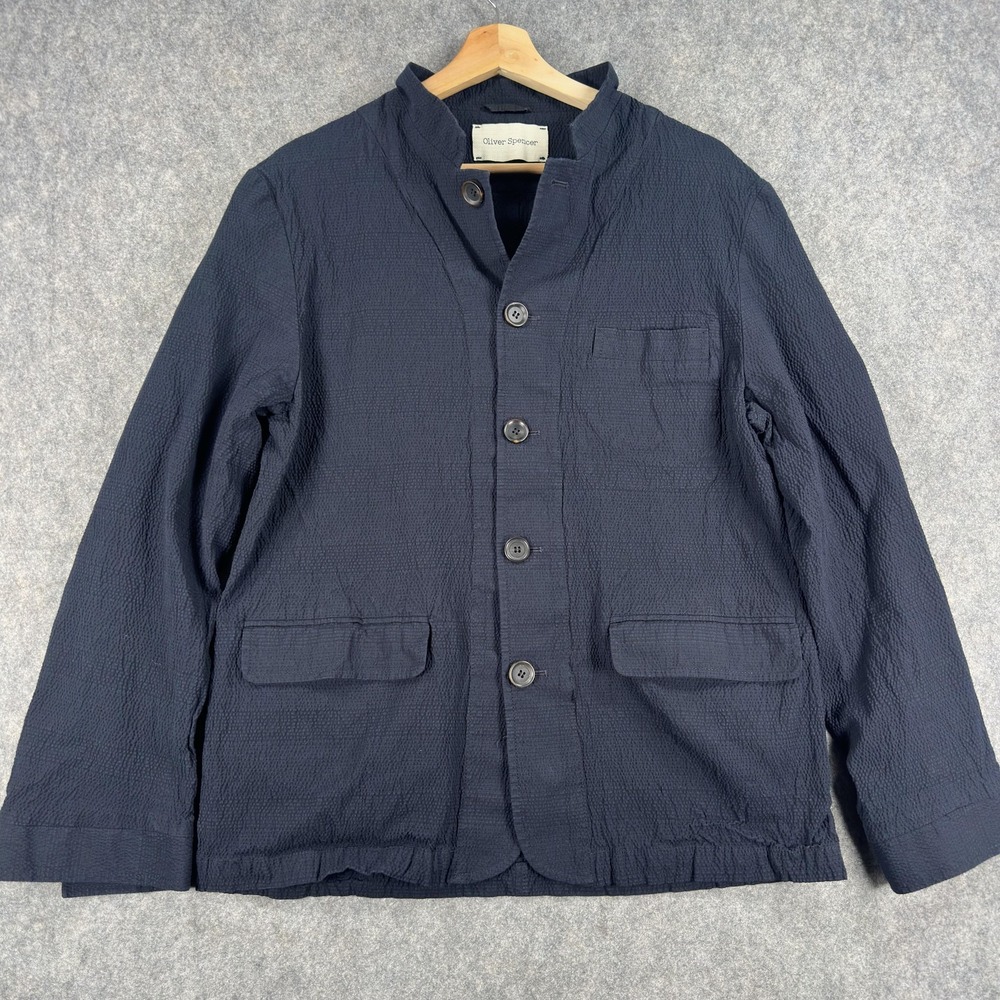 Oliver Spencer Blazer Mens Medium Blue Cotton Textured Band Collar Jacket